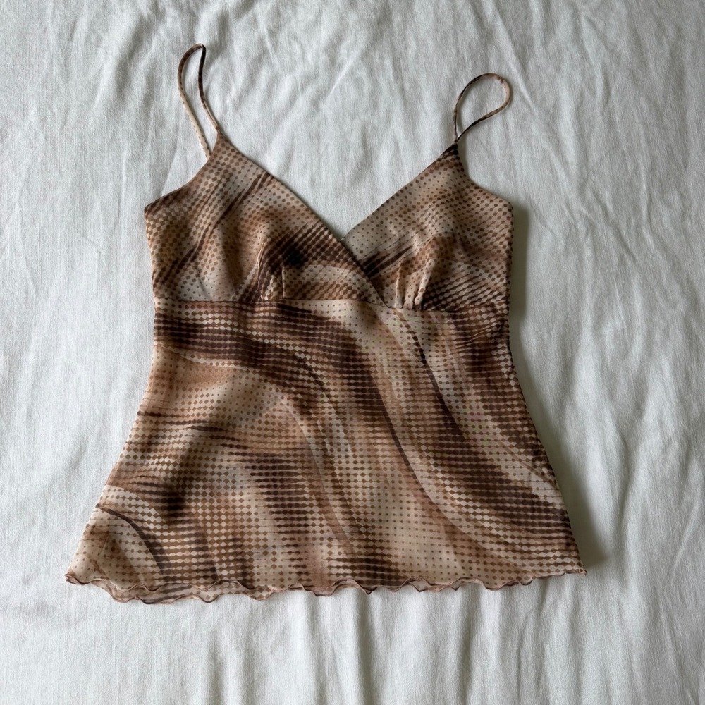 Y2K Abstract Swirl Sheer Camisole V-Neck Indie Sleeze Lettuce Edge Fairy Top - Picture 4 of 6
